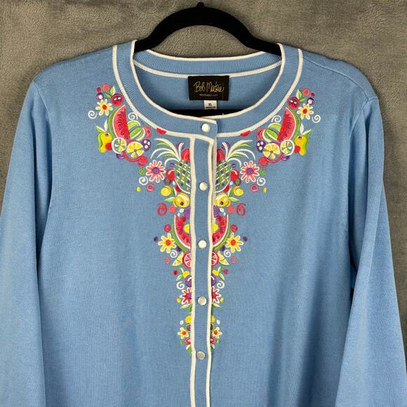 Bob Mackie Sweater Womens XL Blue Fruit Floral Embroidered Cardigan Artsy Preppy - Picture 2 of 14